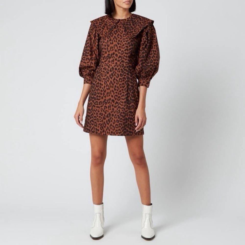GANNI Ruffled-Collar Leopard-Print Poplin Mini Dress - Size 4 - Picture 1 of 7